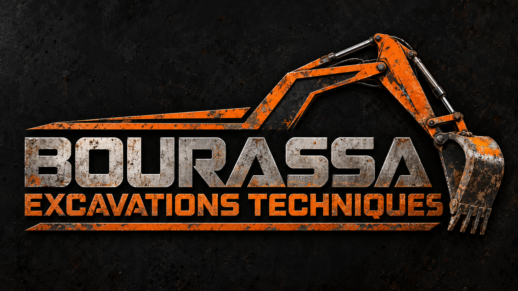 Logo Bourassa Excavations Techniques, métal usé orange et acier, avec bras et godet d’excavatrice